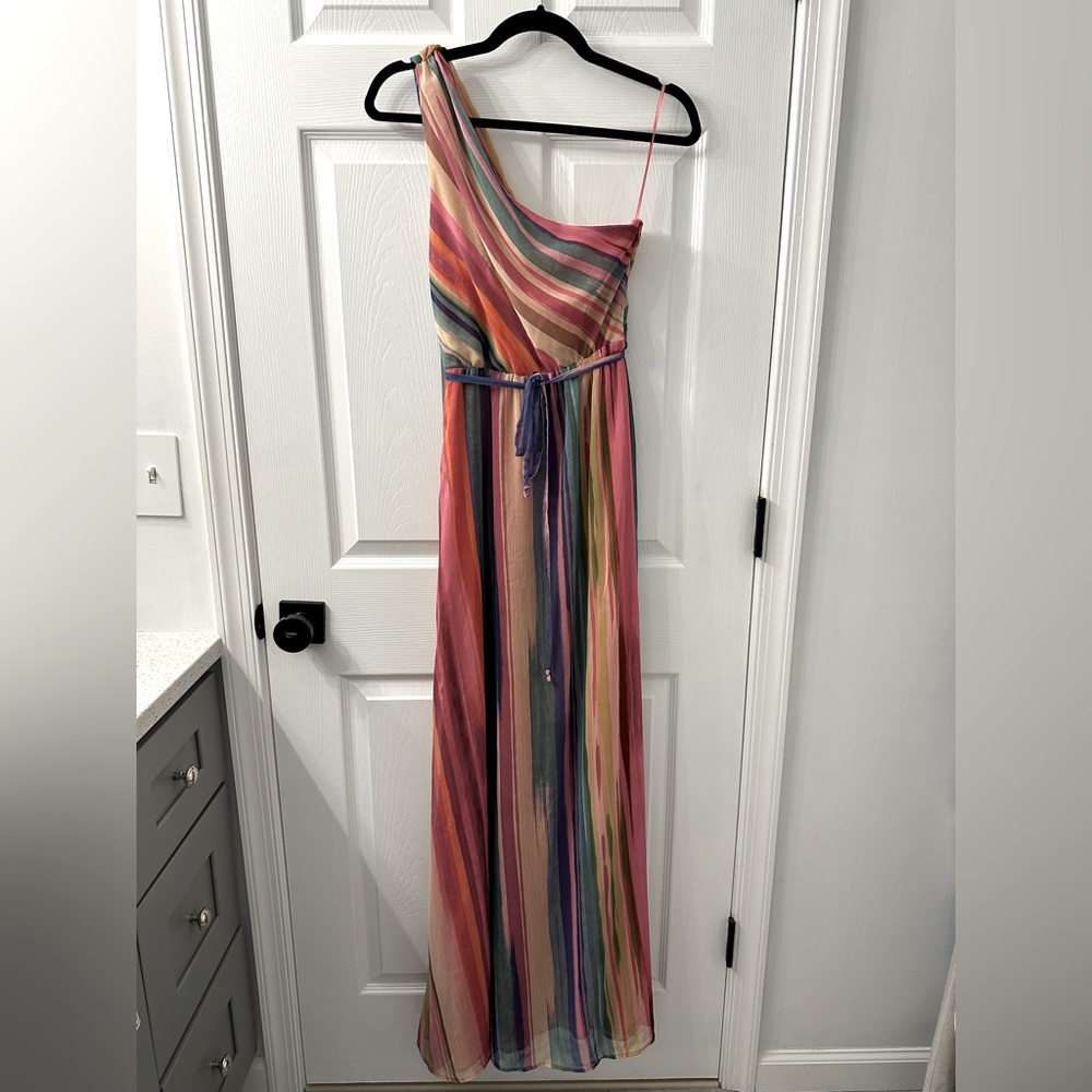 NWT Mango Striped Asymmetrical One-Shoulder Maxi Dress